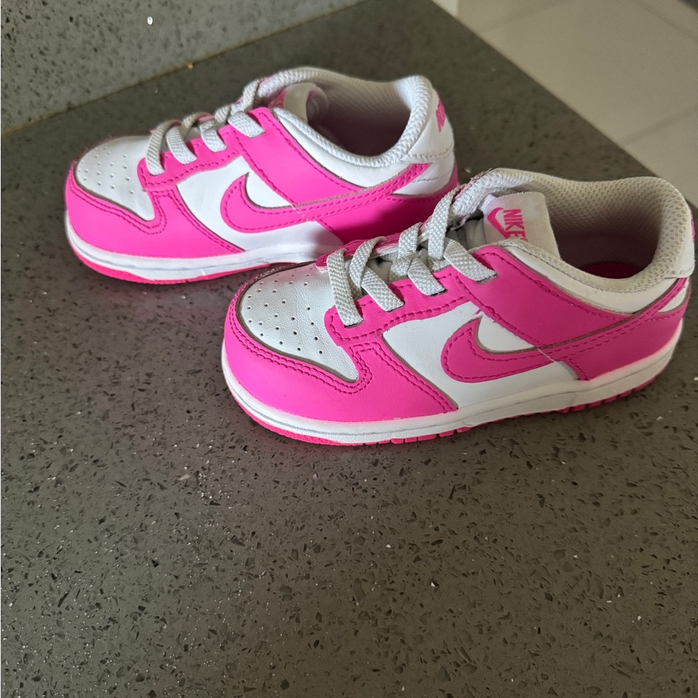 Nike Dunk Low- Kids Sneakers in Pink and White- size 8C